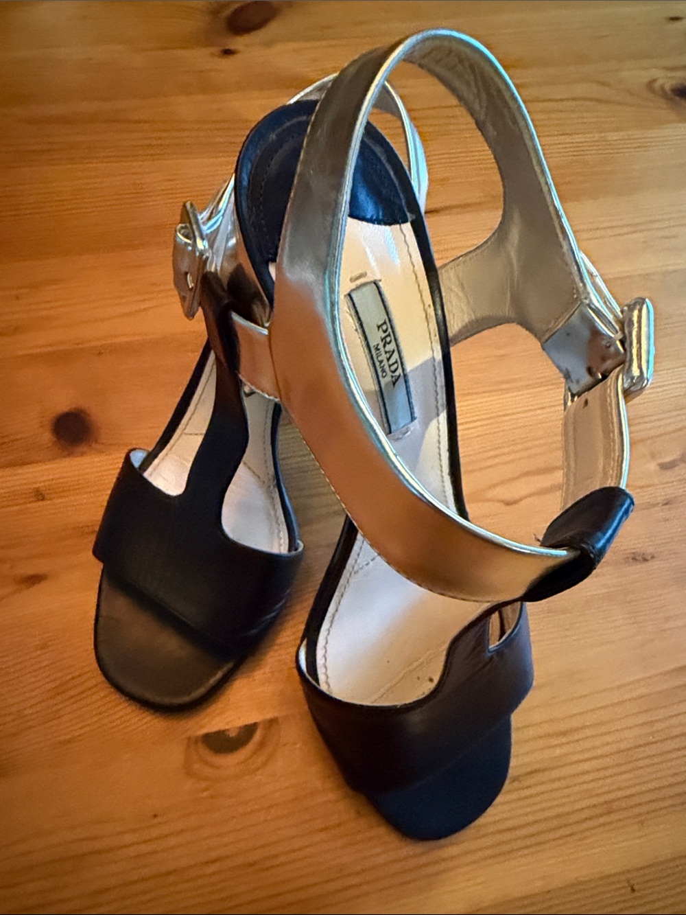 Prada Black and Silver T-Strap Leather Block Heels/Sandals